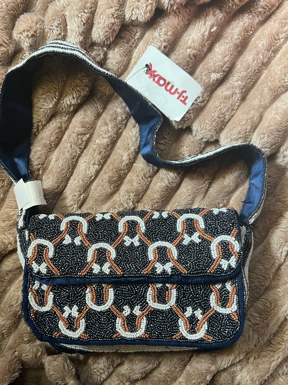 Beaded Navy Crossbody Bag with White & Tan Accents -